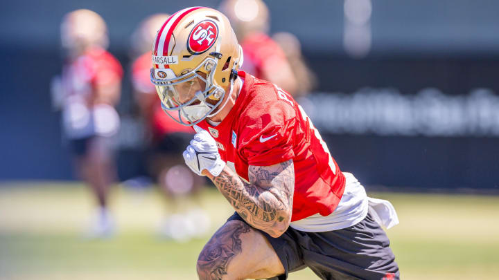 May 10, 2024; Santa Clara, CA, USA; San Francisco 49ers wide receiver Ricky Pearsall (14) runs drills during the 49ers rookie minicamp at Levi’s Stadium in Santa Clara, CA. Mandatory Credit: Robert Kupbens-USA TODAY Sports