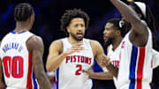 Oct 30, 2024; Philadelphia, Pennsylvania, USA; Detroit Pistons guard Cade Cunningham (2) talks with his teammates during a timeout in the fourth quarter against the Philadelphia 76ers at Wells Fargo Center. Mandatory Credit: Bill Streicher-Imagn Images