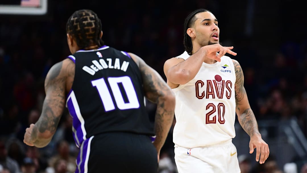 Jan 23, 2026; Cleveland, Ohio, USA; Cleveland Cavaliers guard Jaylon Tyson (20) celebrates after hitting a three point basket against the Sacramento Kings during the second half at Rocket Arena. Mandatory Credit: Ken Blaze-Imagn Images