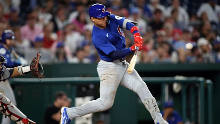 Aug 30, 2024; Washington, District of Columbia, USA; Chicago Cubs catcher Miguel Amaya (9) pops out during the ninth inning against the Washington Nationals at Nationals Park.