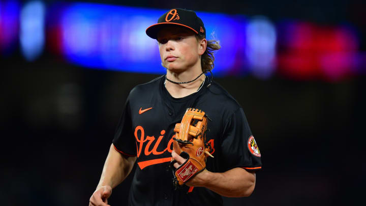 Apr 23, 2024; Anaheim, California, USA; Baltimore Orioles second baseman Jackson Holliday (7) returns to the dugout following the fourth inning against the Los Angeles Angels at Angel Stadium.  