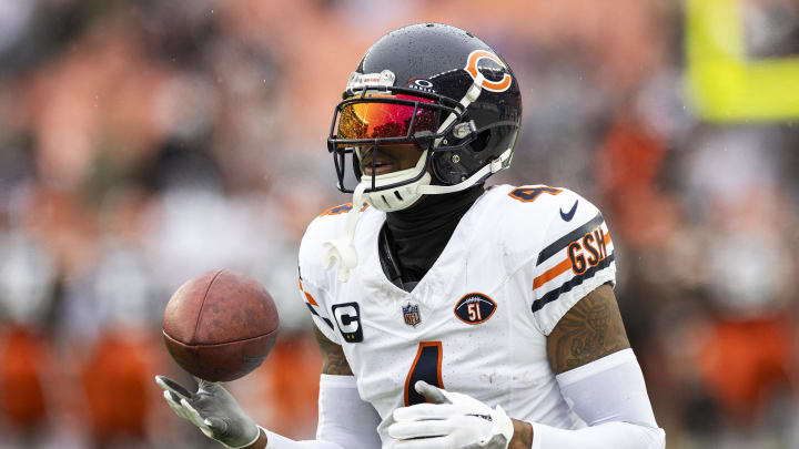 Dec 17, 2023; Cleveland, Ohio, USA; Chicago Bears safety Eddie Jackson (4) catches the ball during warm ups before the game against the Cleveland Browns at Cleveland Browns Stadium. Mandatory Credit: Scott Galvin-USA TODAY Sports