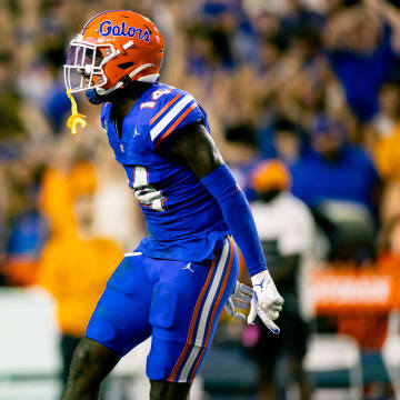 Sep 16, 2023; Gainesville, Florida, USA; Florida Gators safety Jordan Castell (14) celebrates during the second half against the Tennessee Volunteers at Ben Hill Griffin Stadium. 