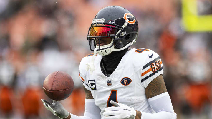 Dec 17, 2023; Cleveland, Ohio, USA; Chicago Bears safety Eddie Jackson (4) catches the ball during warm ups before the game against the Cleveland Browns at Cleveland Browns Stadium. Mandatory Credit: Scott Galvin-USA TODAY Sports