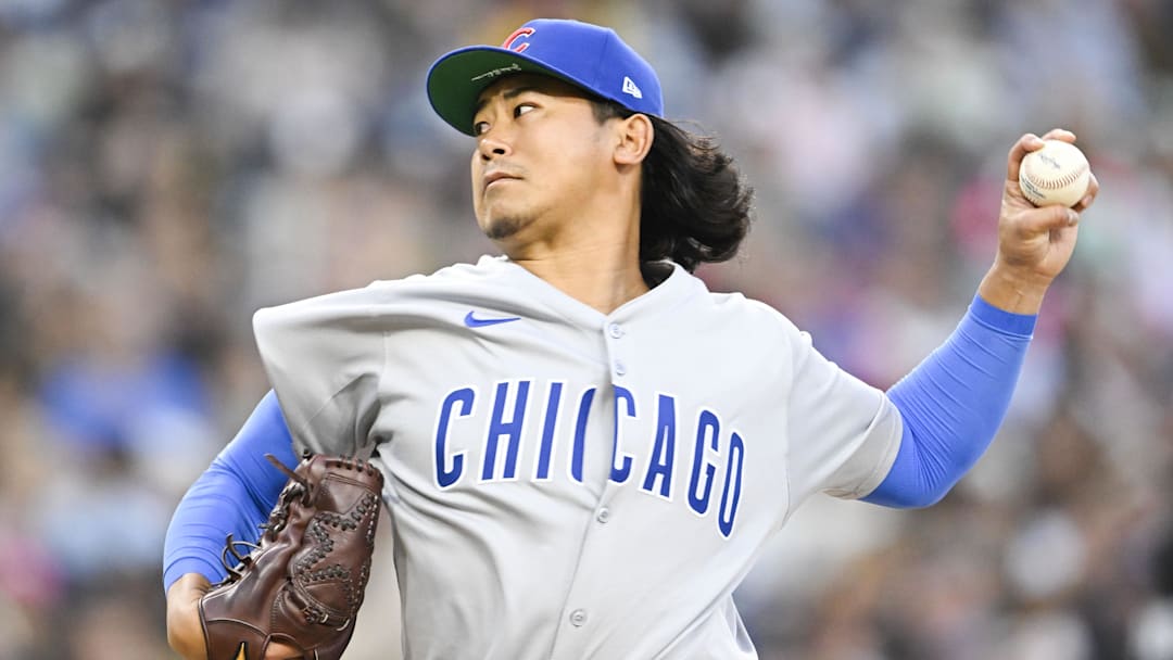 Apr 15, 2025; San Diego, California, USA; Chicago Cubs starting pitcher Shota Imanaga (18) delivers during the first inning against the San Diego Padres at Petco Park.