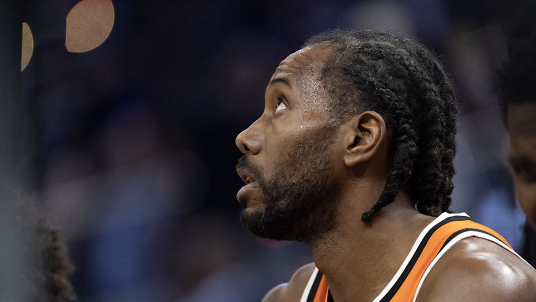 Mar 2, 2026; San Francisco, California, USA; Los Angeles Clippers forward Kawhi Leonard (2) checks the scoreboard during a timeout in the second quarter against the Golden State Warriors at Chase Center. Mandatory Credit: D. Ross Cameron-Imagn Images
