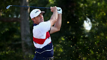Bryson DeChambeau hits a shot during a practice round at Bethpage Black ahead of the 2025 Ryder Cup