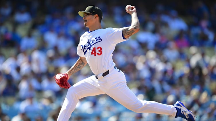 May 19, 2024; Los Angeles, California, USA; Los Angeles Dodgers pitcher Anthony Banda (43) throws