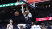 Dallas Mavericks center Daniel Gafford (21) dunks against Oklahoma City in Game 1 of the second round of the NBA playoffs on the road against the Thunder. OKC pulled away late to win, 117-95.