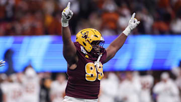 Jan 1, 2025; Atlanta, GA, USA; Arizona State Sun Devils defensive lineman C.J. Fite (99) reacts after a missed field goal by place kicker Bert Auburn (not pictured) at Mercedes-Benz Stadium. Mandatory Credit: Brett Davis-Imagn Images
