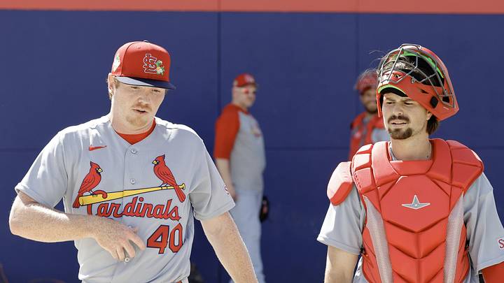 Feb 16, 2026; Jupiter, FL, USA;  St. Louis Cardinals catcher prospect Grayson Tarlow (right) walks with pitcher Hunter Dobbins (40) during spring training workouts at Roger Dean Stadium. Mandatory Credit: Reinhold Matay-Imagn Images