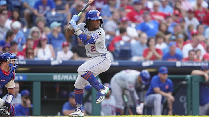 Sep 14, 2024; Philadelphia, Pennsylvania, USA; New York Mets shortstop Luisangel Acuna (2) at bat against the Philadelphia Phillies during the second inning at Citizens Bank Park. Mandatory Credit: Gregory Fisher-Imagn Images