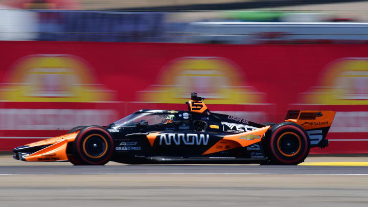 Jun 23, 2024; Salinas, California, USA; Arrow McLaren SP driver Pato O'Ward (5) of Mexico during warm up for the Grand Prix Of Monterey at WeatherTech Raceway Laguna Seca. Mandatory Credit: Gary A. Vasquez-USA TODAY Sports