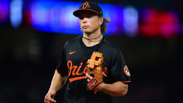 Apr 23, 2024; Anaheim, California, USA; Baltimore Orioles second baseman Jackson Holliday (7) returns to the dugout following the fourth inning against the Los Angeles Angels at Angel Stadium.