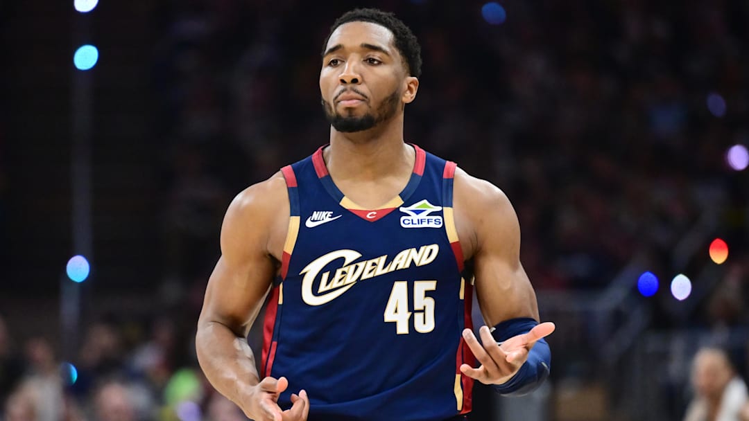 Apr 18, 2026; Cleveland, Ohio, USA; Cleveland Cavaliers guard Donovan Mitchell (45) celebrates after hitting a three point basket against the Toronto Raptors during the first half of game one in the first round of the 2026 NBA Playoffs at Rocket Arena. Mandatory Credit: Ken Blaze-Imagn Images