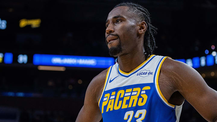 Dec 31, 2025; Indianapolis, Indiana, USA;  Indiana Pacers guard/forward Aaron Nesmith (23) in the first half against the Orlando Magic at Gainbridge Fieldhouse. Mandatory Credit: Trevor Ruszkowski-Imagn Images