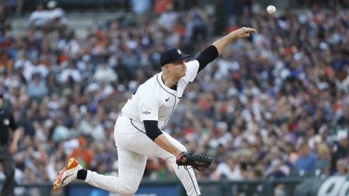 Jul 27, 2024; Detroit, Michigan, USA; Detroit Tigers pitcher Tarik Skubal (29) throws during the seventh inning of the game against the Minnesota Twins at Comerica Park.