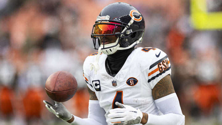 Dec 17, 2023; Cleveland, Ohio, USA; Chicago Bears safety Eddie Jackson (4) catches the ball during warm ups before the game against the Cleveland Browns at Cleveland Browns Stadium. Mandatory Credit: Scott Galvin-USA TODAY Sports