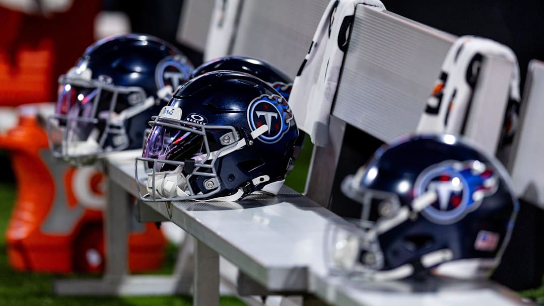 Aug 25, 2024; New Orleans, Louisiana, USA;  Detailed view of the Tennessee Titans helmet against the New Orleans Saints during the first half at Caesars Superdome. Mandatory Credit: Stephen Lew-Imagn Images
