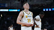 Mar 20, 2025; Wichita, KS, USA; Missouri Tigers guard Caleb Grill (31) reacts after losing to the Drake Bulldogs in a first round men’s NCAA Tournament game at Intrust Bank Arena. Mandatory Credit: Kirby Lee-Imagn Images