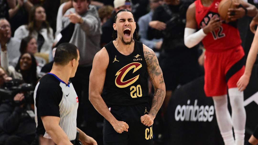 May 3, 2026; Cleveland, Ohio, USA; Cleveland Cavaliers guard Jaylon Tyson (20) reacts after a play against the Toronto Raptors during the first half of game seven in the first round of the 2026 NBA Playoffs at Rocket Arena. Mandatory Credit: Ken Blaze-Imagn Images May 3, 2026; Cleveland, Ohio, USA; Cleveland Cavaliers guard Jaylon Tyson (20) reacts after a play against the Toronto Raptors during the first half of game seven in the first round of the 2026 NBA Playoffs at Rocket Arena. Mandatory Credit: Ken Blaze-Imagn Images