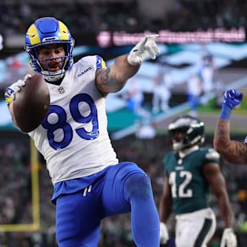 Jan 19, 2025; Philadelphia, Pennsylvania, USA; Los Angeles Rams tight end Tyler Higbee (89) celebrates after scoring a touchdown in the first quarter against the Philadelphia Eagles in a 2025 NFC divisional round game at Lincoln Financial Field. Mandatory Credit: Bill Streicher-Imagn Images