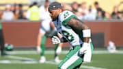Jun 16, 2024; Hamilton, Ontario, CAN; Saskatchewan Rough Riders offensive lineman Justin Herdman Reed (58) warms up against the Hamilton Tiger Cats at Tim Hortons Field. Mandatory Credit: Gerry Angus-Imagn Images