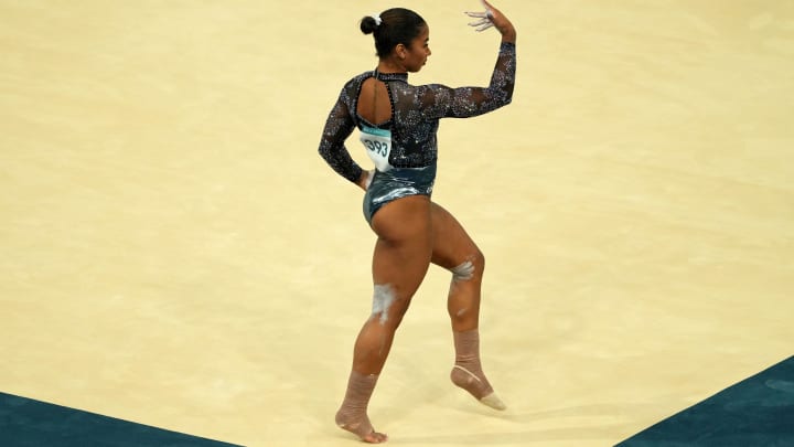 Jul 28, 2024; Paris, France; Jordan Chiles of the United States performs on the floor exercise in womenís qualification during the Paris 2024 Olympic Summer Games at Bercy Arena. 