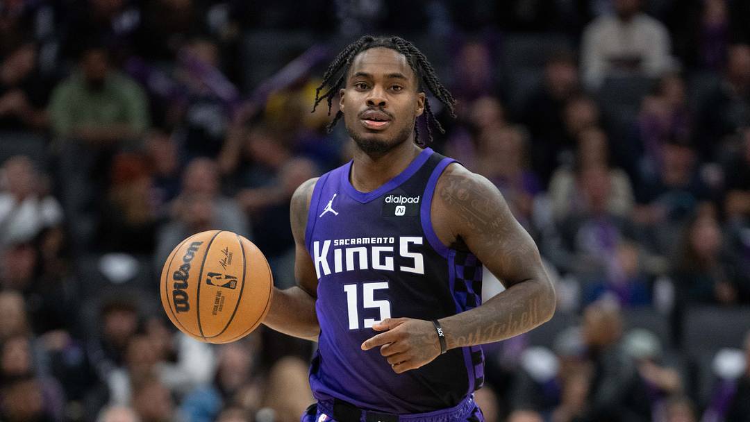 December 16, 2023; Sacramento, California, USA; Sacramento Kings guard Davion Mitchell (15) dribbles the basketball during the fourth quarter against the Utah Jazz at Golden 1 Center. December 16, 2023; Sacramento, California, USA; Sacramento Kings guard Davion Mitchell (15) dribbles the basketball during the fourth quarter against the Utah Jazz at Golden 1 Center.