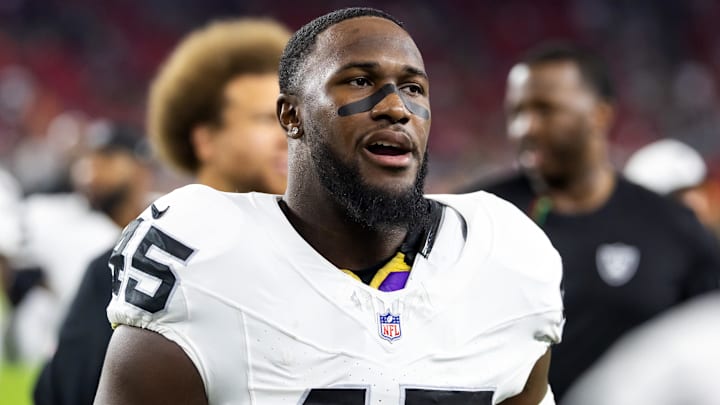 Aug 23, 2025; Glendale, Arizona, USA; Las Vegas Raiders linebacker Devin White (45) against the Arizona Cardinals during a preseason NFL game at State Farm Stadium. Mandatory Credit: Mark J. Rebilas-Imagn Images