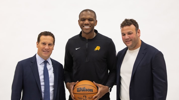 Oct 2, 2023; Phoenix, AZ, USA; Phoenix Suns owner Mat Ishbia (left), general manager James Jones (center) and CEO Josh Bartelstein poses for a portrait during media day at Footprint Center. Mandatory Credit: Mark J. Rebilas-USA TODAY Sports