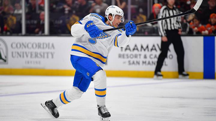 Apr 3, 2026; Anaheim, California, USA; St. Louis Blues defenseman Theo Lindstein (41) shoots on goal against the Anaheim Ducks during the third period at Honda Center. Mandatory Credit: Gary A. Vasquez-Imagn Images