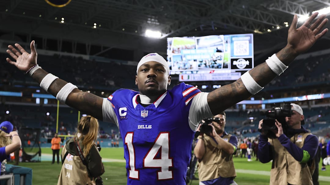 Jan 7, 2024; Miami Gardens, Florida, USA; Buffalo Bills wide receiver Stefon Diggs (14) reacts after