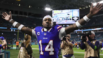 Jan 7, 2024; Miami Gardens, Florida, USA; Buffalo Bills wide receiver Stefon Diggs (14) reacts after