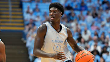 Oct 12, 2024; Chapel Hill, NC, USA; North Carolina Tar Heels guard Drake Powell (9) with the ball in the second half at the Dean E. Smith Center. Mandatory Credit: Bob Donnan-Imagn Images