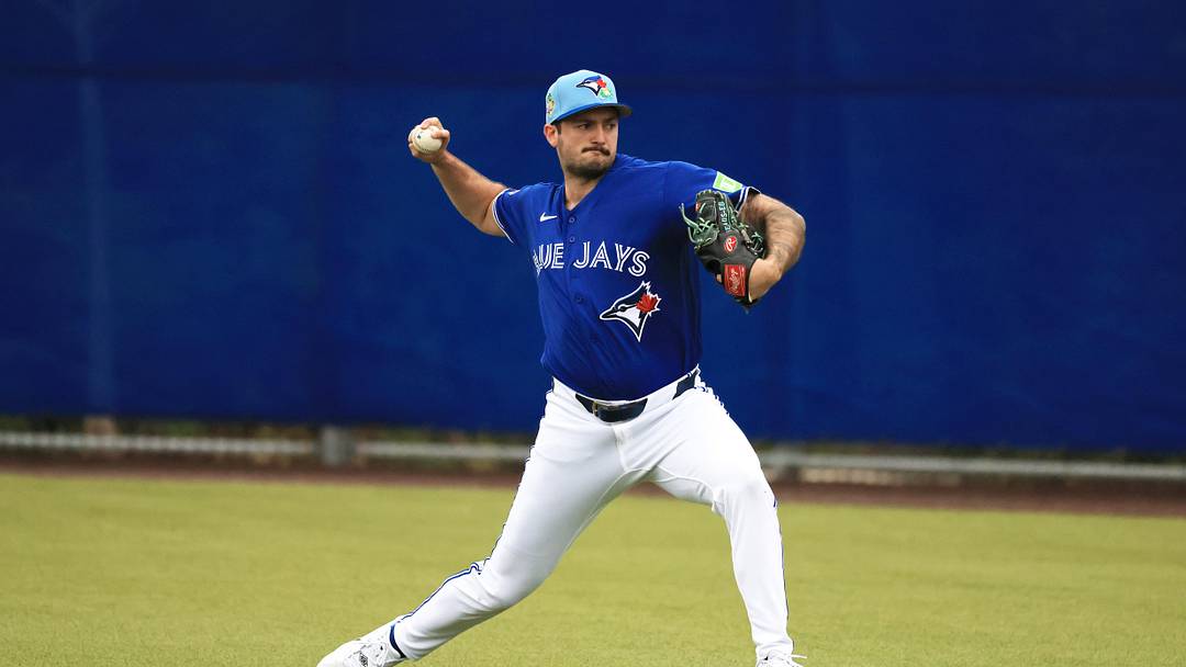 Feb 11, 2026; Dunedin, FL, USA;  Toronto Blue Jays pitcher Connor Seabold (91) works out for spring training practice at Blue Jays Player Development Complex. Mandatory Credit: Kim Klement Neitzel-Imagn Images