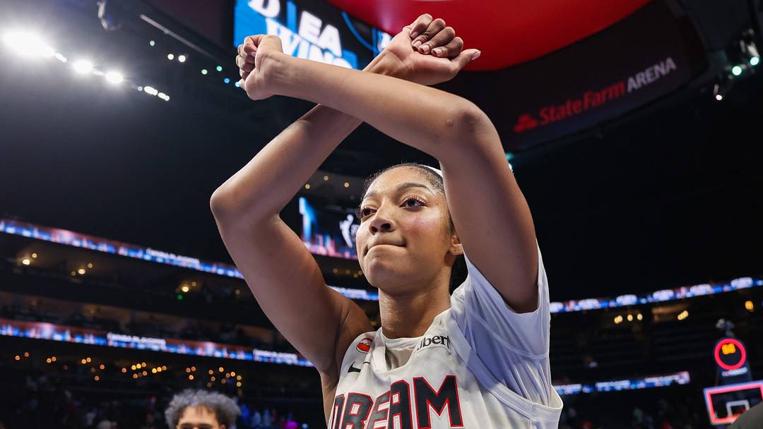 Oct 4, 2026; Atlanta, Georgia, USA; Atlanta Dream forward Angel Reese (5) celebrates after a victory over the New York Liberty in game one of the second round for the 2026 WNBA Playoffs at State Farm Arena. Mandatory Credit: Brett Davis-Imagn Images