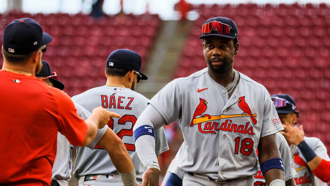 Aug 17, 2026; Cincinnati, Ohio, USA; St. Louis Cardinals outfielder Jordan Walker (18) high fives teammate after the victory over the Cincinnati Reds at Great American Ball Park. Mandatory Credit: Katie Stratman-Imagn Images