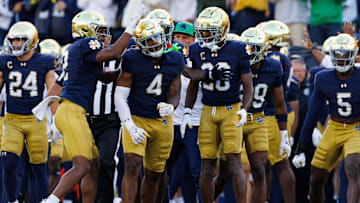 Notre Dame's defense celebrates getting a stop during a NCAA college football game between Notre Dame and Northern Illinois at Notre Dame Stadium on Saturday, Sept. 7, 2024, in South Bend.