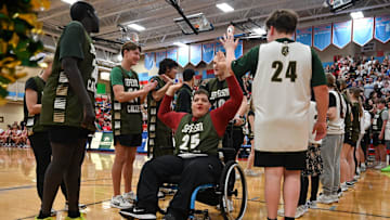 Jefferson’s Dorrell “Drain from Deep” Boutilier comes out during the lineup announcement before the start of the SFD Unified games on Friday, March 28, 2025, at Lincoln High School in Sioux Falls, S.D.