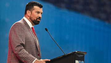Jul 23, 2024; Indianapolis, IN, USA; Ohio State Buckeyes head coach Ryan Day speaks to the media during the Big 10 football media day at Lucas Oil Stadium. Mandatory Credit: Robert Goddin-USA TODAY Sports