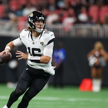 Aug 23, 2024; Atlanta, Georgia, USA; Jacksonville Jaguars quarterback Trevor Lawrence (16) looks for an open receiver against the Atlanta Falcons in the first quarter at Mercedes-Benz Stadium. Mandatory Credit: Brett Davis-Imagn Images