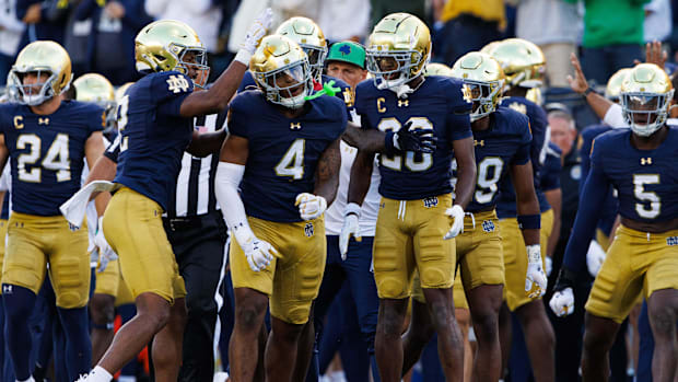 The Notre Dame defense celebrates against Northern Illinois