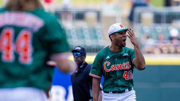 May 23, 2024; Charlotte, NC, USA; Miami (Fl) Hurricanes pitcher Myles Caba (40) celebrates after defeating Clemson Tigers during the ACC Baseball Tournament at Truist Field. Mandatory Credit: Scott Kinser-Imagn Images