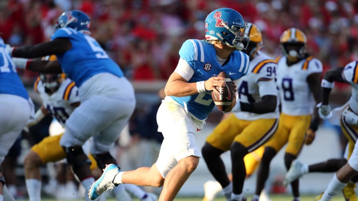 Sep 30, 2023; Oxford, Mississippi, USA; Mississippi Rebels quarterback Jaxson Dart (2) drops back to pass during the first quarter against the LSU Tigers at Vaught-Hemingway Stadium. Mandatory Credit: Petre Thomas-USA TODAY Sports