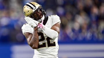 Oct 29, 2023; Indianapolis, Indiana, USA; New Orleans Saints wide receiver Rashid Shaheed (22) reacts after catching a long pass during the second half against the Indianapolis Colts at Lucas Oil Stadium. Mandatory Credit: Marc Lebryk-USA TODAY Sports