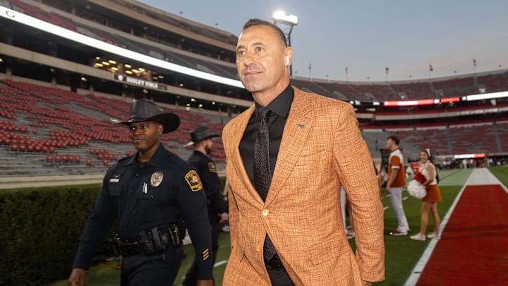 Nov 15, 2025; Athens, Georgia, USA; Texas Longhorns head coach Steve Sarkisian walks into Sanford Stadium before a game against the Georgia Bulldogs. Mandatory Credit: Brett Davis-Imagn Images