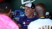  Texas Rangers manager Bruce Bochy (15) speaks to the media before the game against the Athletics at Sutter Health Park.