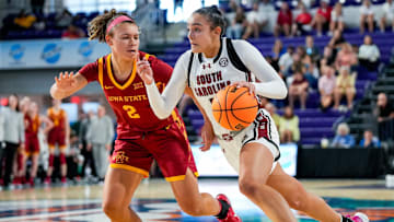 The South Carolina Gamecocks compete against the Iowa State Cyclones in a Fort Myers Tip-Off Island Division game at Suncoast Credit Union Arena in Fort Myers, Fla., on Thursday, Nov. 28, 2024. South Carolina won 76-36.