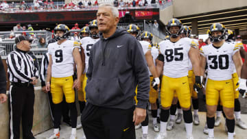 Oct 14, 2023; Madison, Wisconsin, USA;  Iowa Hawkeyes head coach Kirk Ferentz looks on before taking the field prior to the game against the Wisconsin Badgers at Camp Randall Stadium. Mandatory Credit: Jeff Hanisch-USA TODAY Sports